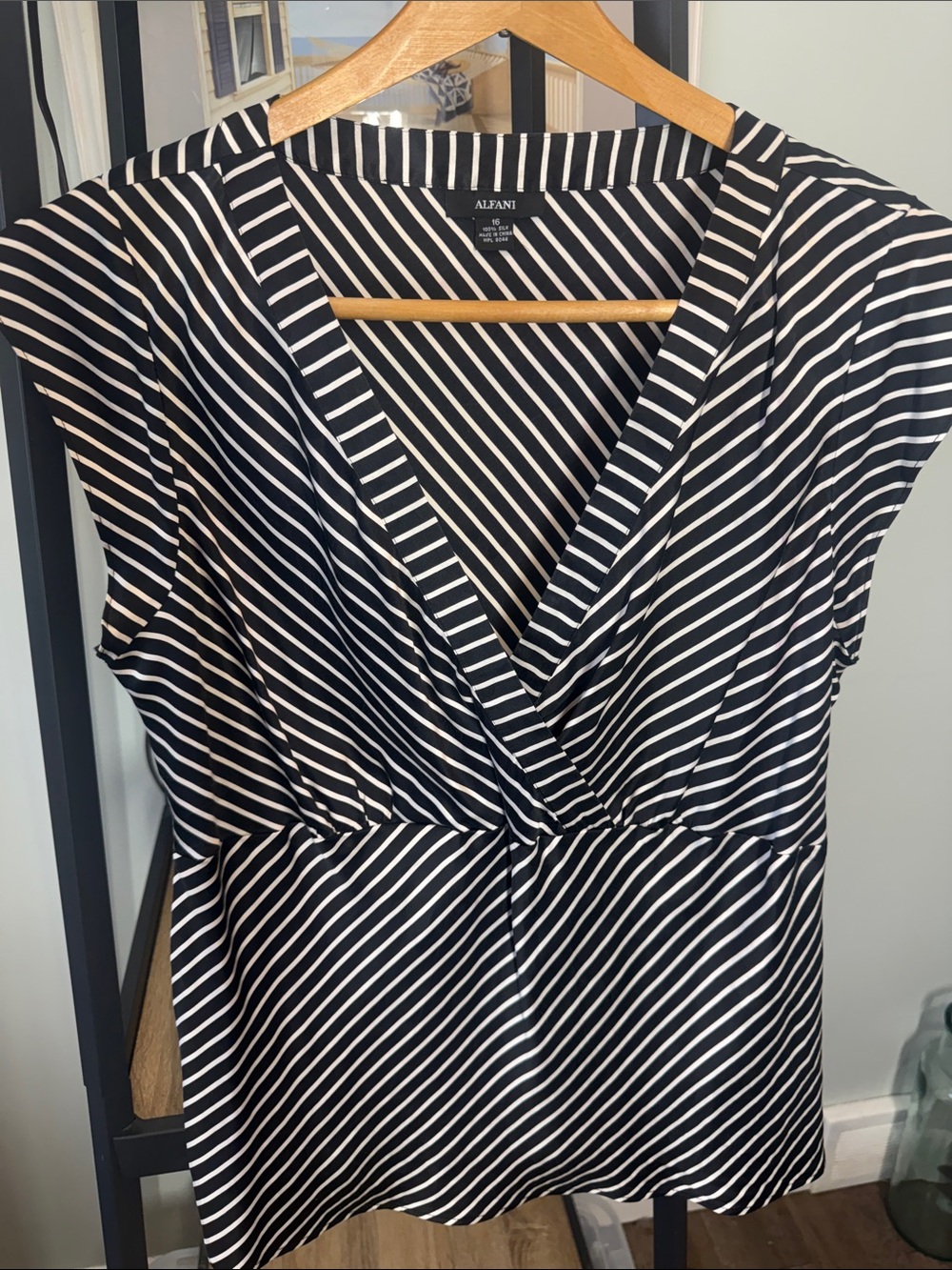 Alfani Black and White Diagonal-Striped Surplice Top
